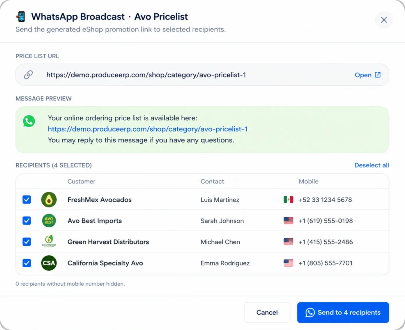 WhatsApp Broadcast pricelist sharing in Produce OS