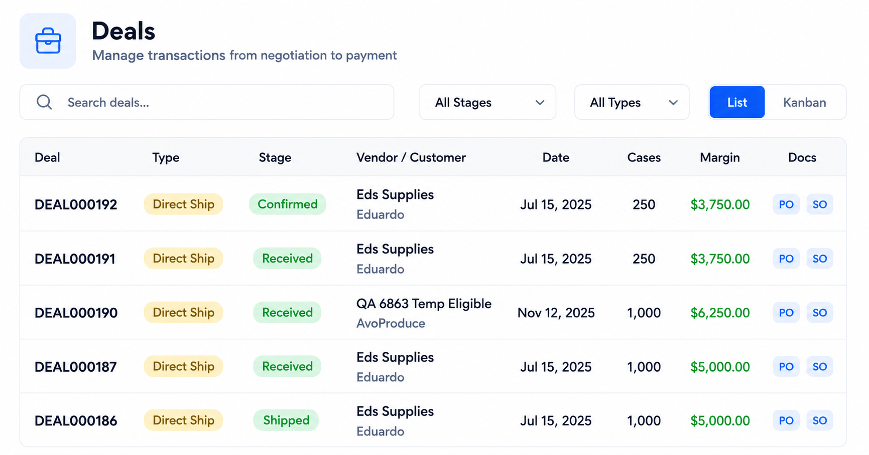 Produce OS deals list showing stages, vendors, customers, dates, cases, margins, and linked documents