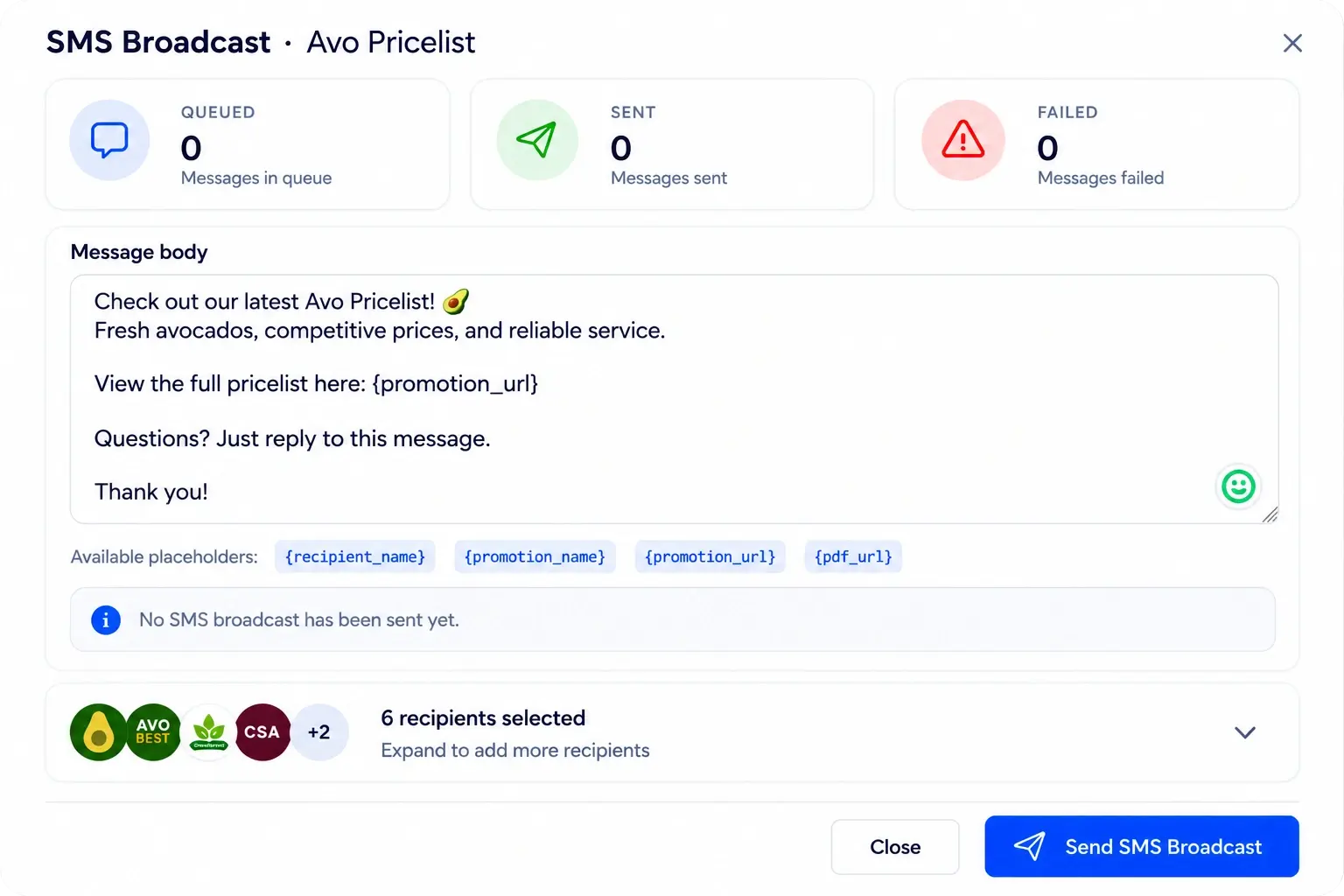 SMS Broadcast for produce pricelists in Produce OS